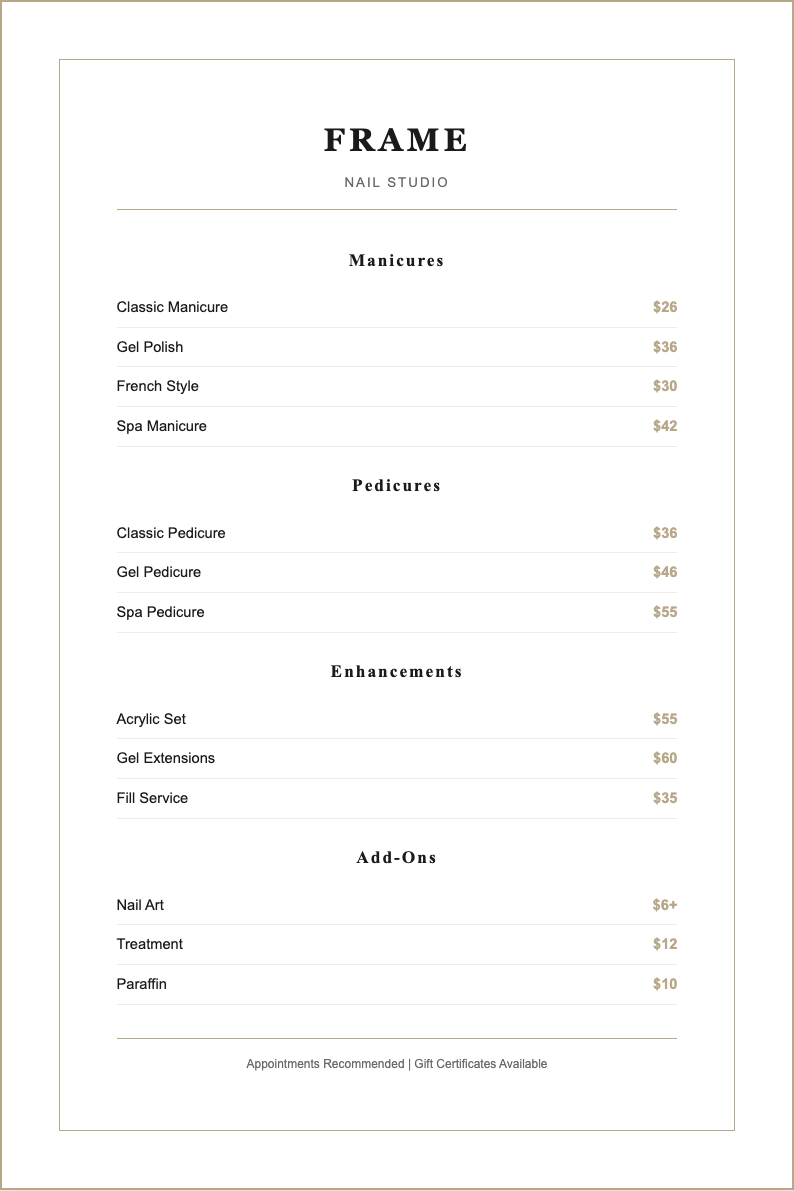 Minimal border nail price list